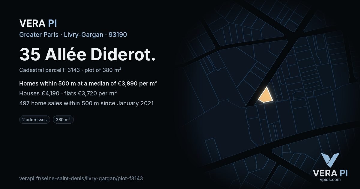 35 Allée Diderot, Livry-Gargan at night – the plot lit, the parcels around coloured by the prices near them
