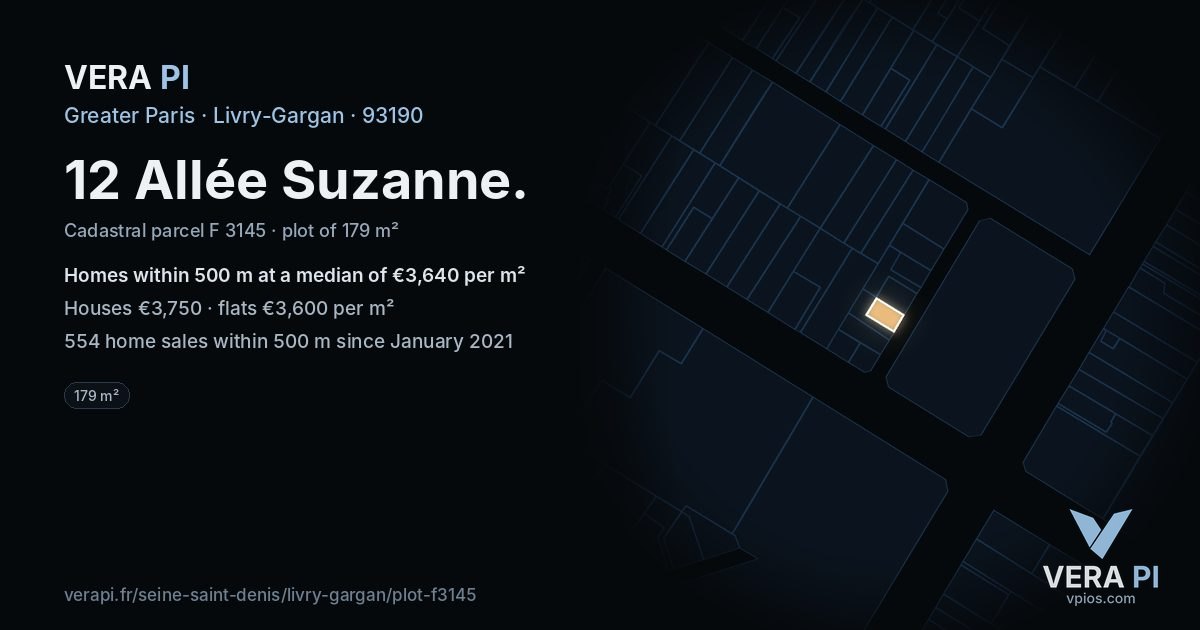 12 Allée Suzanne, Livry-Gargan at night – the plot lit, the parcels around coloured by the prices near them