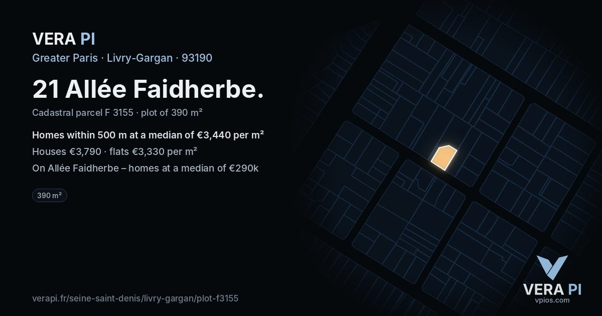 21 Allée Faidherbe, Livry-Gargan at night – the plot lit, the parcels around coloured by the prices near them