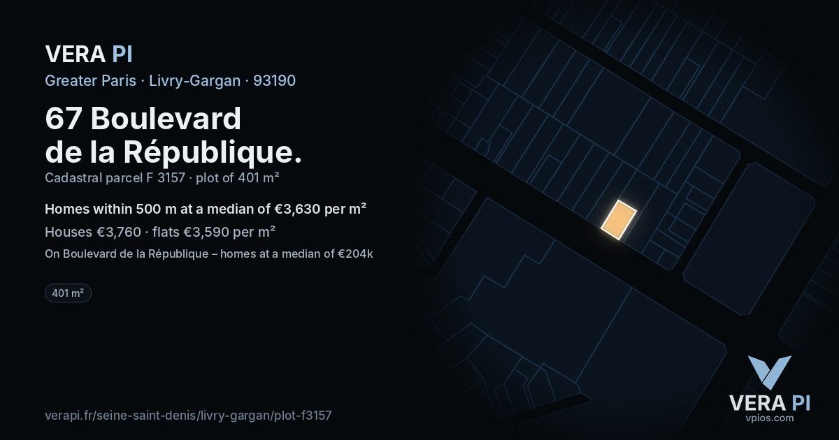 67 Boulevard de la République, Livry-Gargan at night – the plot lit, the parcels around coloured by the prices near them