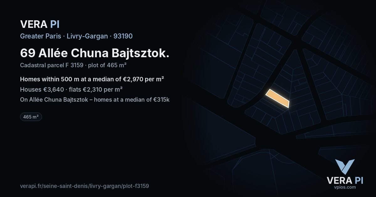69 Allée Chuna Bajtsztok, Livry-Gargan at night – the plot lit, the parcels around coloured by the prices near them