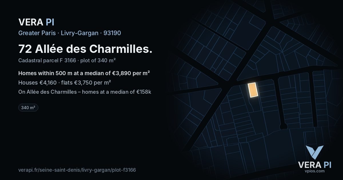 72 Allée des Charmilles, Livry-Gargan at night – the plot lit, the parcels around coloured by the prices near them