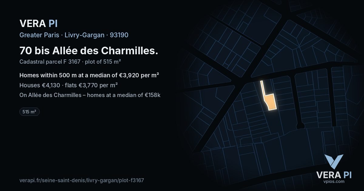 70 bis Allée des Charmilles, Livry-Gargan at night – the plot lit, the parcels around coloured by the prices near them