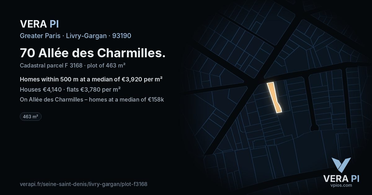 70 Allée des Charmilles, Livry-Gargan at night – the plot lit, the parcels around coloured by the prices near them
