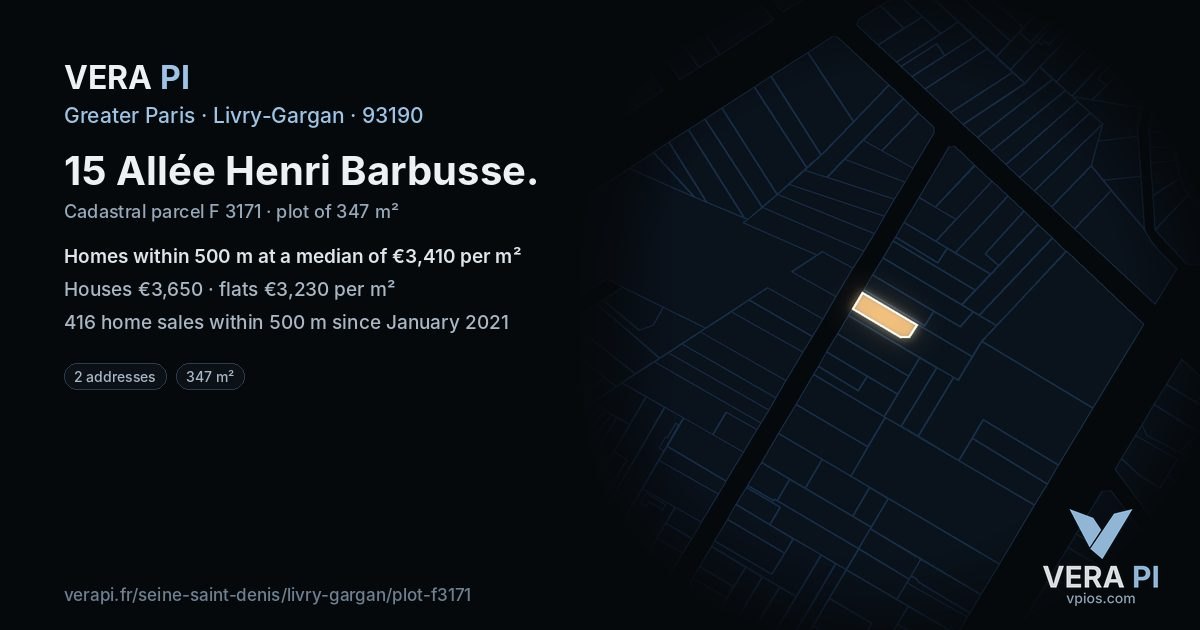 15 Allée Henri Barbusse, Livry-Gargan at night – the plot lit, the parcels around coloured by the prices near them