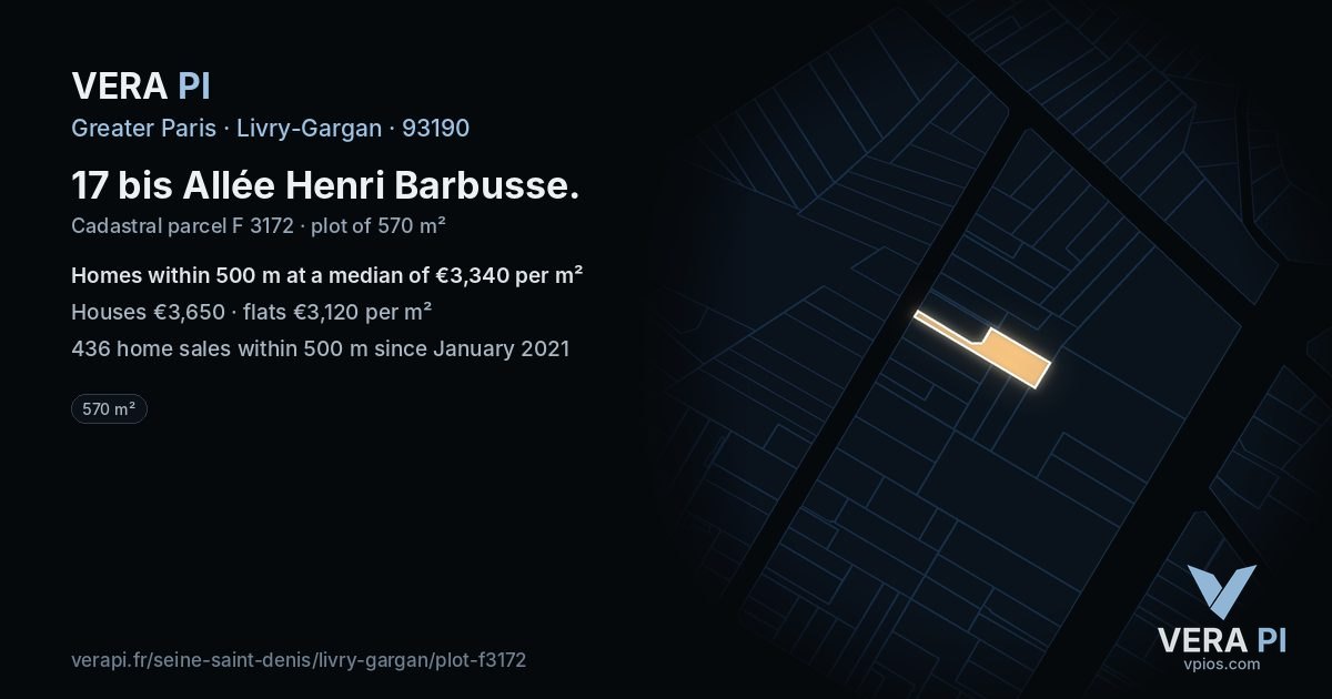 17 bis Allée Henri Barbusse, Livry-Gargan at night – the plot lit, the parcels around coloured by the prices near them