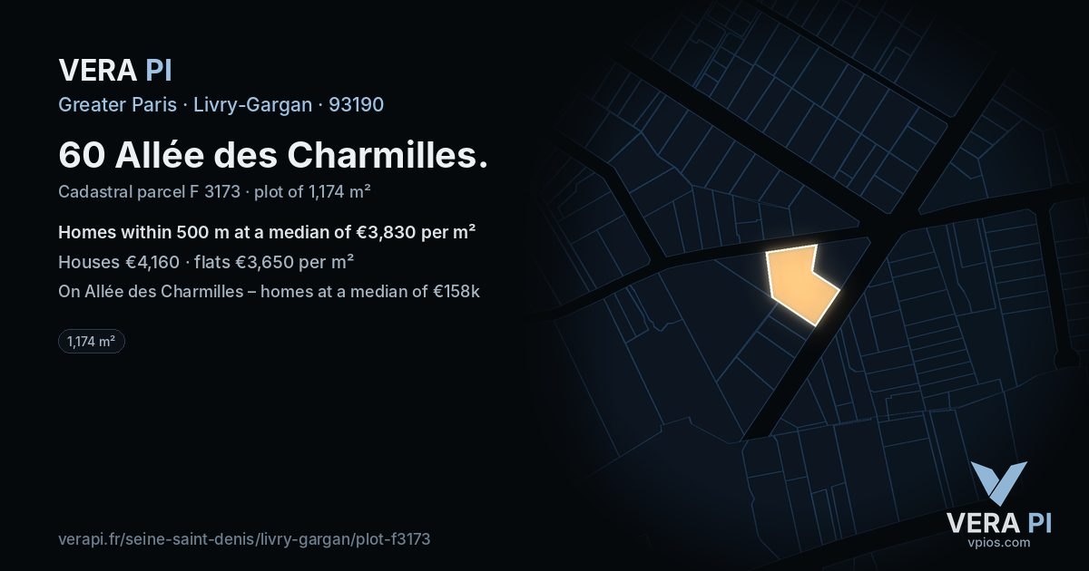 60 Allée des Charmilles, Livry-Gargan at night – the plot lit, the parcels around coloured by the prices near them