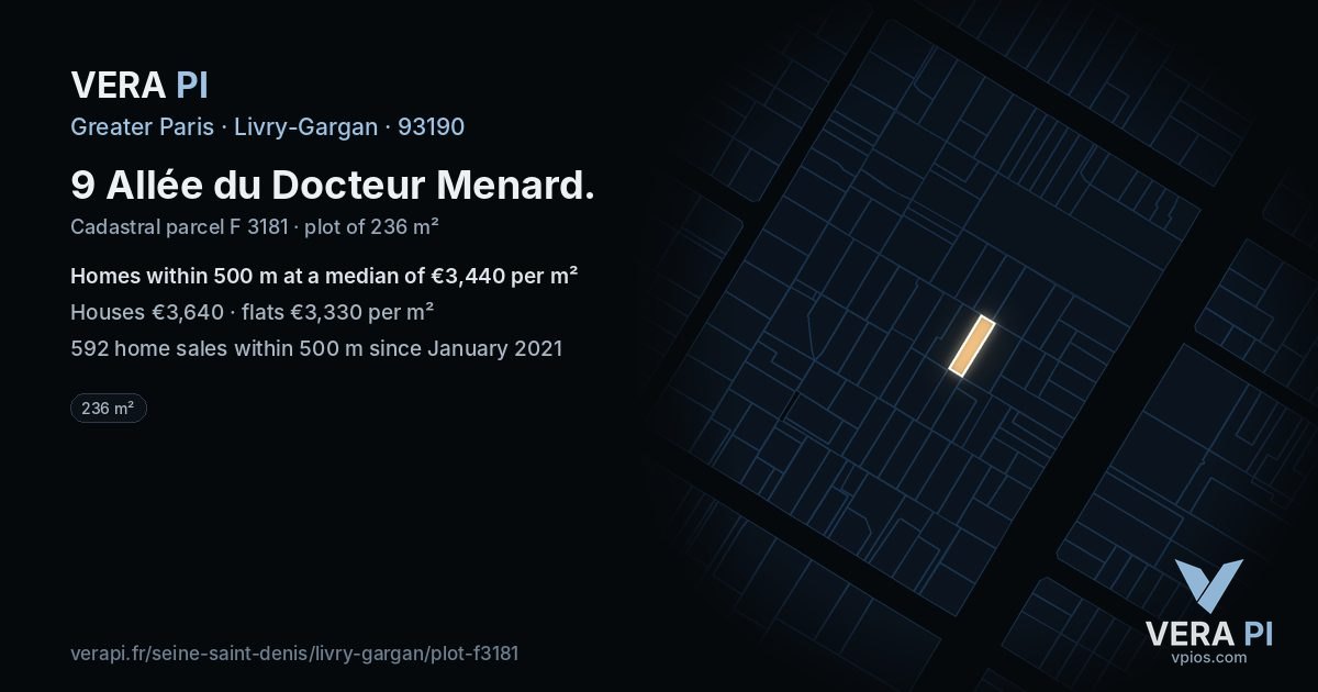 9 Allée du Docteur Menard, Livry-Gargan at night – the plot lit, the parcels around coloured by the prices near them