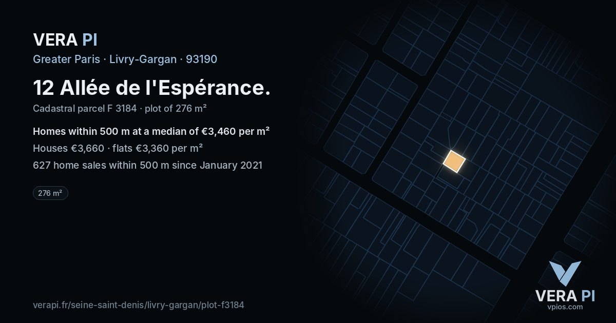 12 Allée de l'Espérance, Livry-Gargan at night – the plot lit, the parcels around coloured by the prices near them