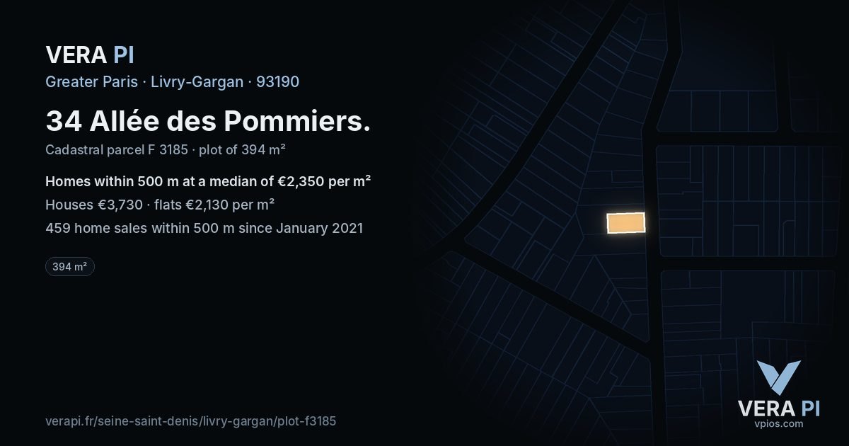 34 Allée des Pommiers, Livry-Gargan at night – the plot lit, the parcels around coloured by the prices near them