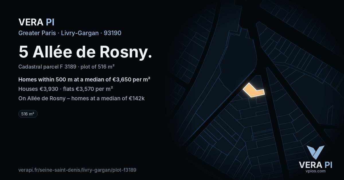 5 Allée de Rosny, Livry-Gargan at night – the plot lit, the parcels around coloured by the prices near them