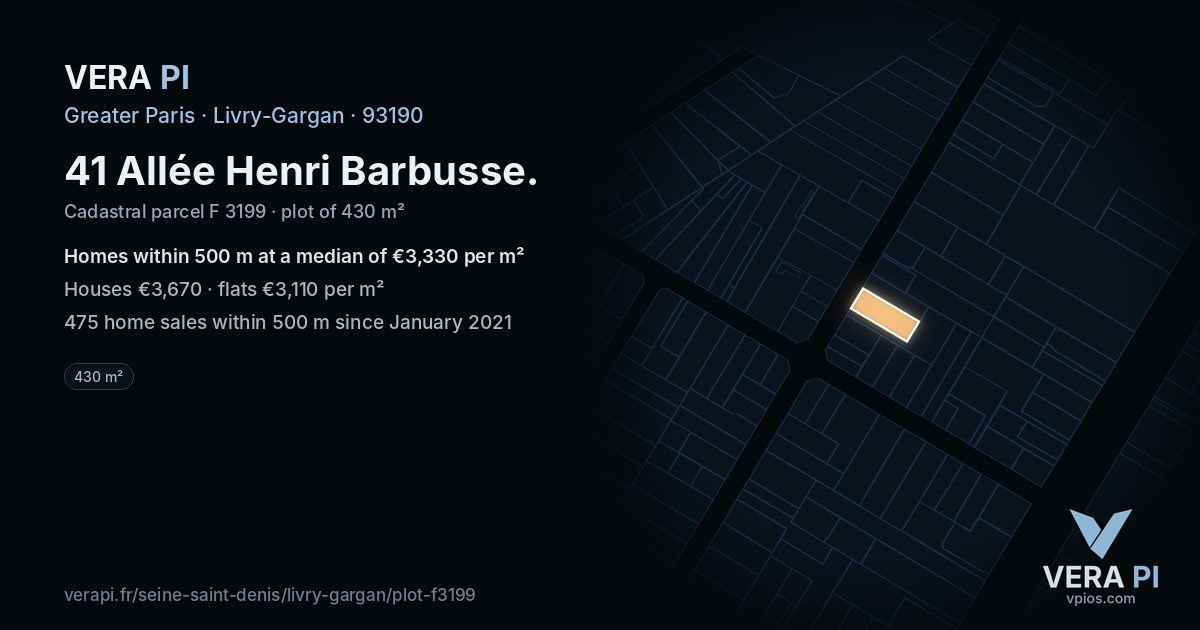41 Allée Henri Barbusse, Livry-Gargan at night – the plot lit, the parcels around coloured by the prices near them