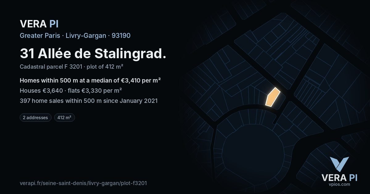 31 Allée de Stalingrad, Livry-Gargan at night – the plot lit, the parcels around coloured by the prices near them