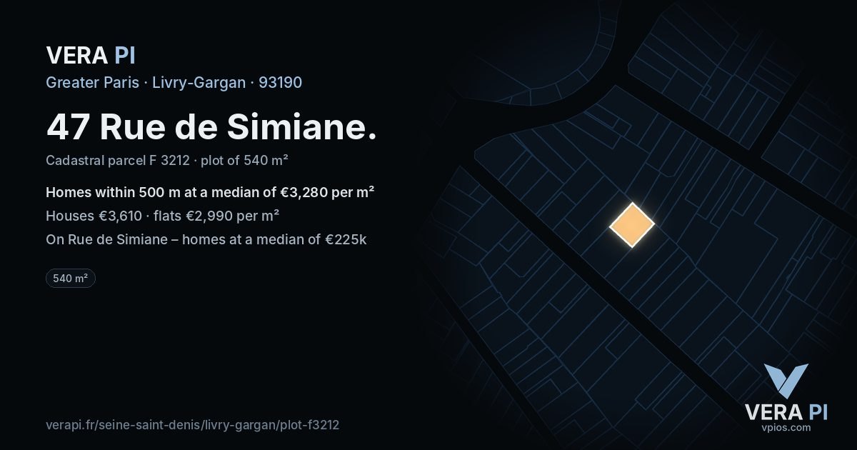 47 Rue de Simiane, Livry-Gargan at night – the plot lit, the parcels around coloured by the prices near them