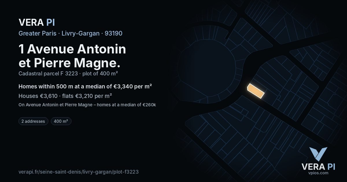 1 Avenue Antonin et Pierre Magne, Livry-Gargan at night – the plot lit, the parcels around coloured by the prices near them
