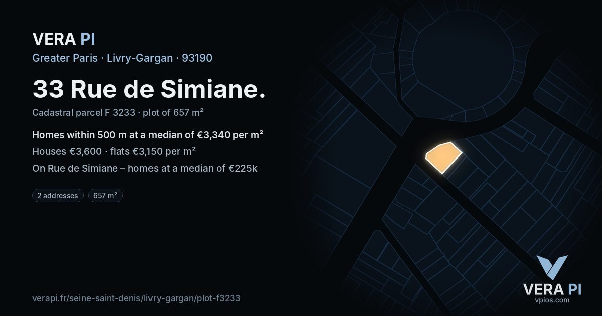 33 Rue de Simiane, Livry-Gargan at night – the plot lit, the parcels around coloured by the prices near them