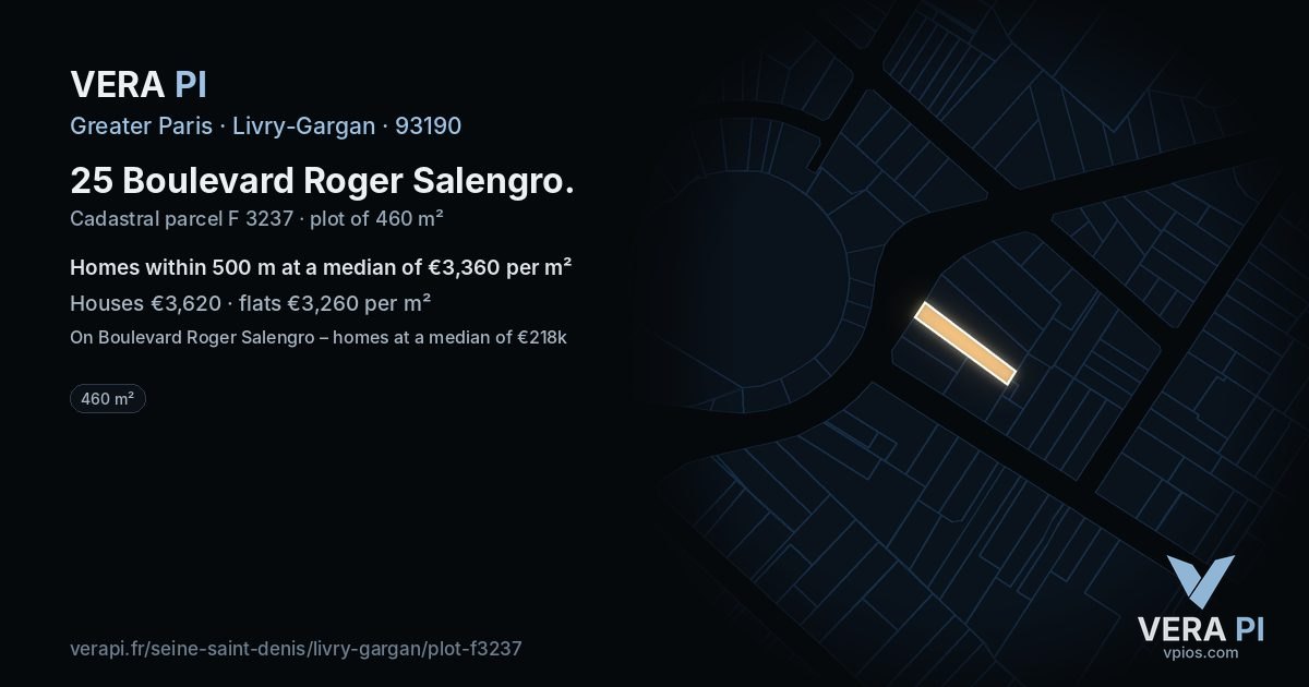 25 Boulevard Roger Salengro, Livry-Gargan at night – the plot lit, the parcels around coloured by the prices near them