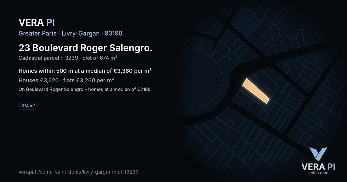 23 Boulevard Roger Salengro, Livry-Gargan at night – the plot lit, the parcels around coloured by the prices near them