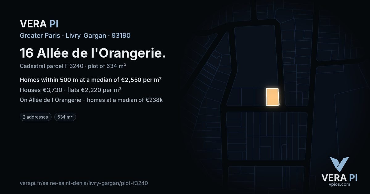 16 Allée de l'Orangerie, Livry-Gargan at night – the plot lit, the parcels around coloured by the prices near them