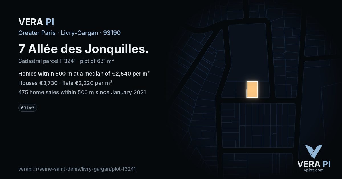 7 Allée des Jonquilles, Livry-Gargan at night – the plot lit, the parcels around coloured by the prices near them