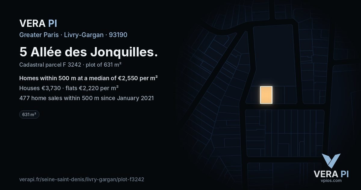 5 Allée des Jonquilles, Livry-Gargan at night – the plot lit, the parcels around coloured by the prices near them