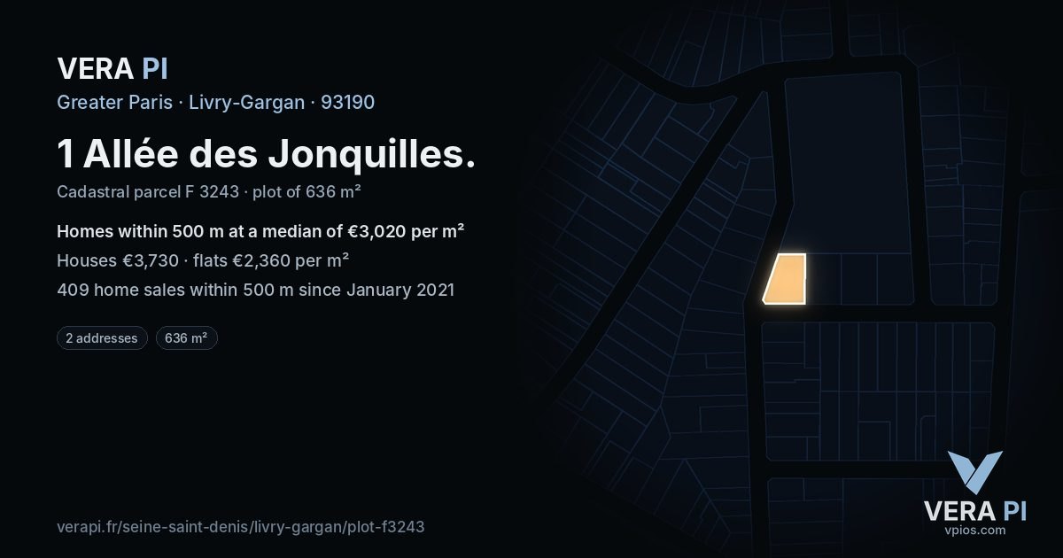 1 Allée des Jonquilles, Livry-Gargan at night – the plot lit, the parcels around coloured by the prices near them