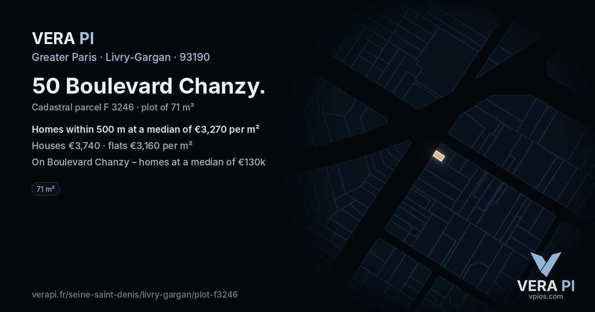 50 Boulevard Chanzy, Livry-Gargan at night – the plot lit, the parcels around coloured by the prices near them