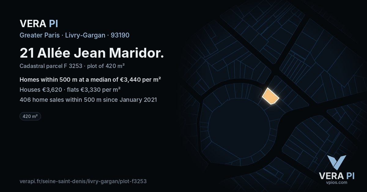 21 Allée Jean Maridor, Livry-Gargan at night – the plot lit, the parcels around coloured by the prices near them