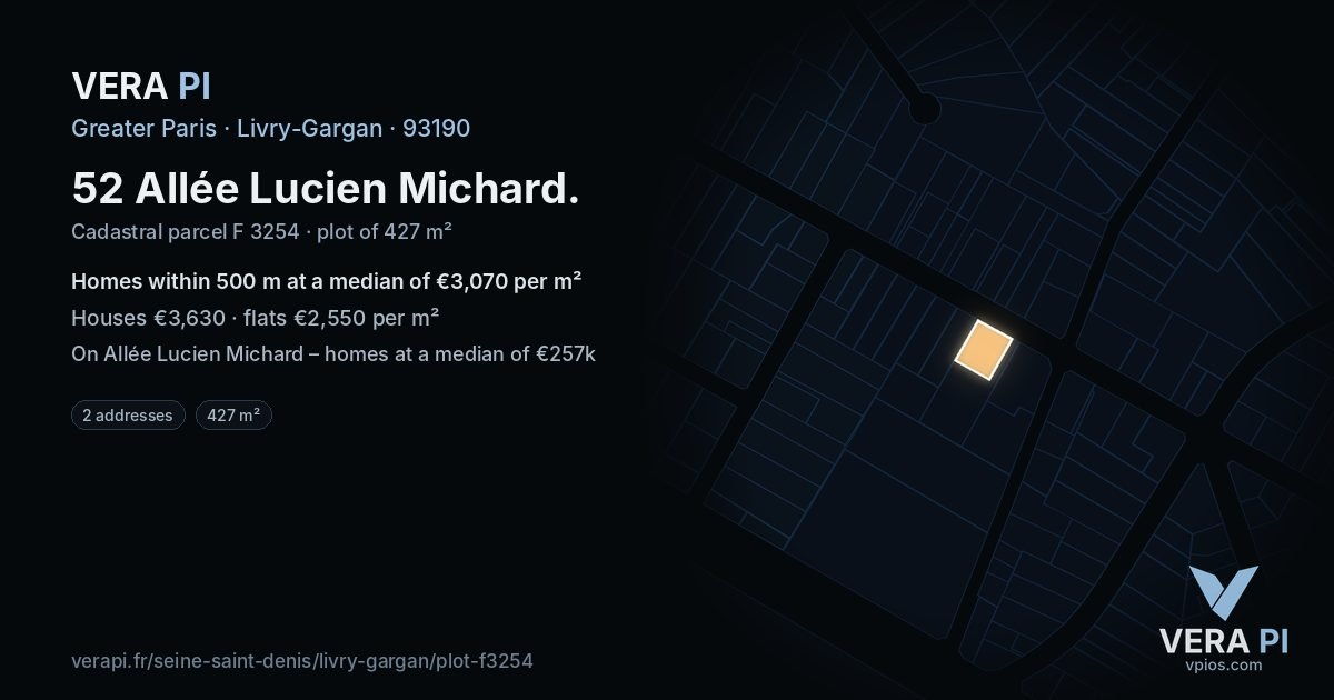 52 Allée Lucien Michard, Livry-Gargan at night – the plot lit, the parcels around coloured by the prices near them
