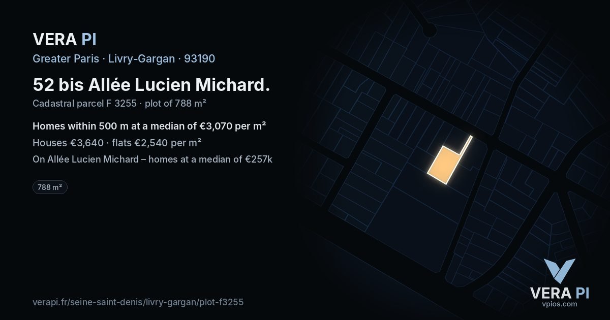 52 bis Allée Lucien Michard, Livry-Gargan at night – the plot lit, the parcels around coloured by the prices near them