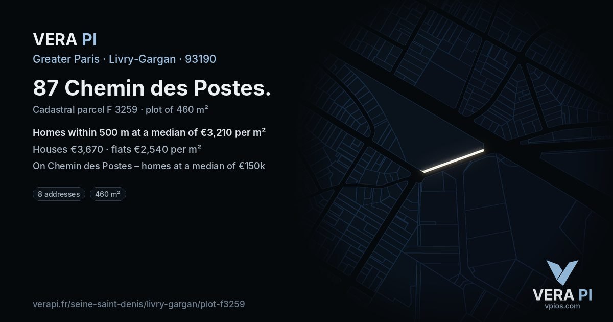 87 Chemin des Postes, Livry-Gargan at night – the plot lit, the parcels around coloured by the prices near them
