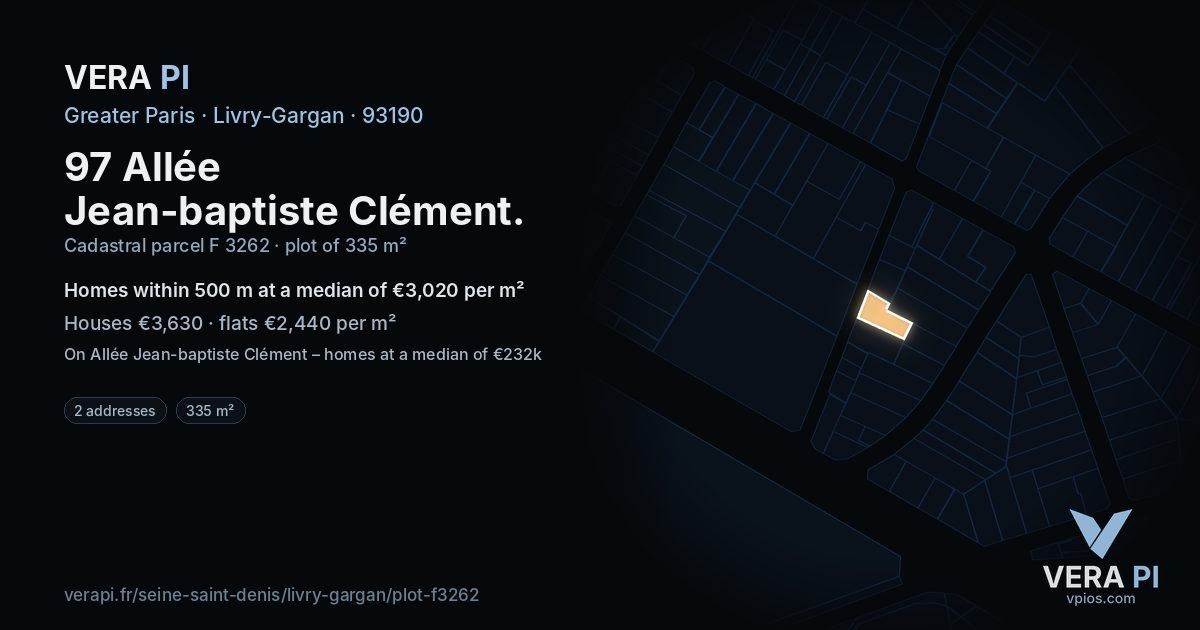 97 Allée Jean-baptiste Clément, Livry-Gargan at night – the plot lit, the parcels around coloured by the prices near them