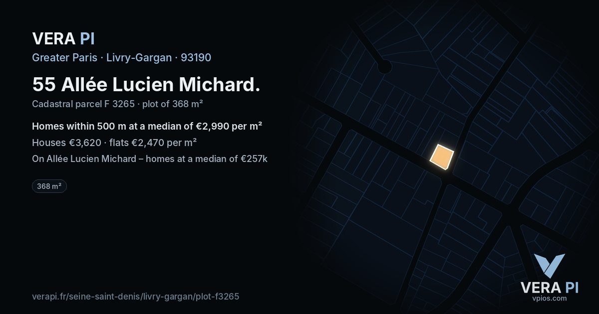 55 Allée Lucien Michard, Livry-Gargan at night – the plot lit, the parcels around coloured by the prices near them