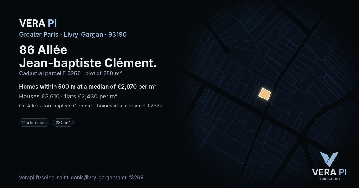 86 Allée Jean-baptiste Clément, Livry-Gargan at night – the plot lit, the parcels around coloured by the prices near them
