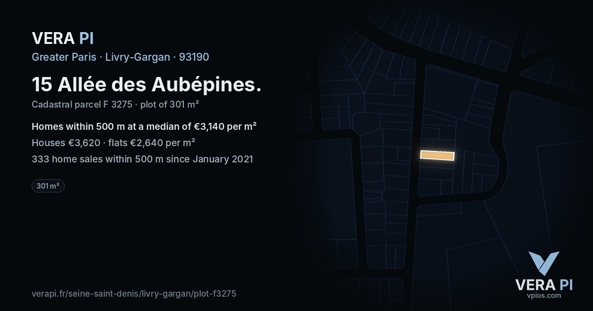 15 Allée des Aubépines, Livry-Gargan at night – the plot lit, the parcels around coloured by the prices near them
