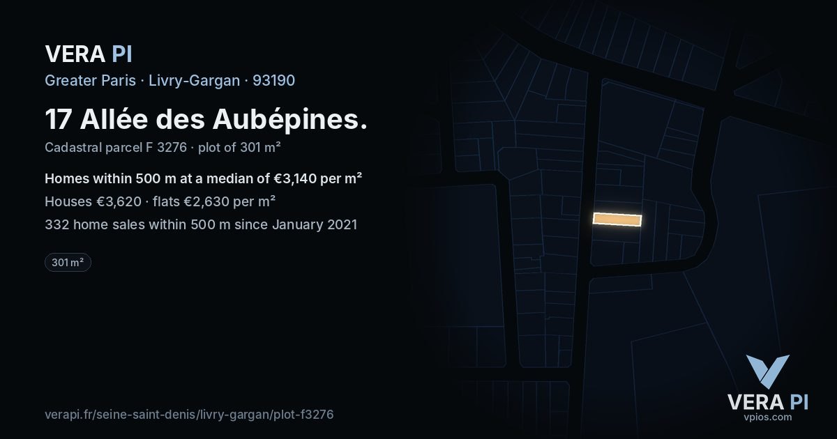 17 Allée des Aubépines, Livry-Gargan at night – the plot lit, the parcels around coloured by the prices near them