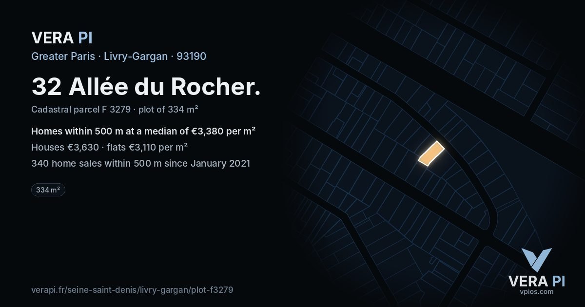 32 Allée du Rocher, Livry-Gargan at night – the plot lit, the parcels around coloured by the prices near them