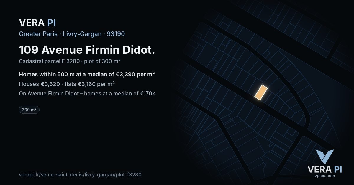 109 Avenue Firmin Didot, Livry-Gargan at night – the plot lit, the parcels around coloured by the prices near them