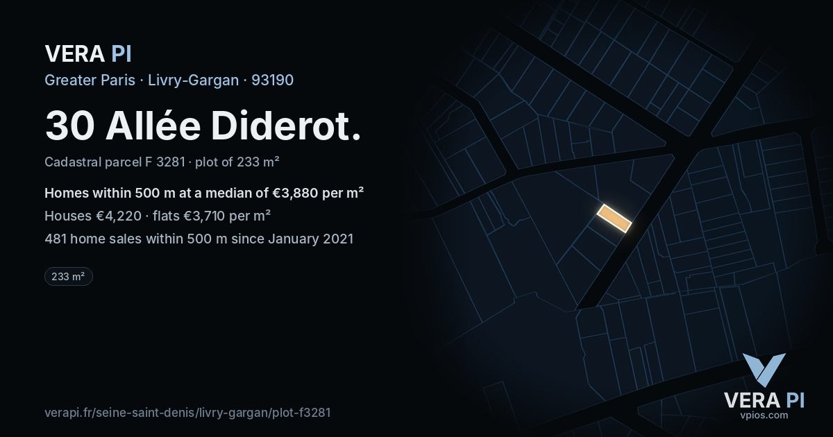 30 Allée Diderot, Livry-Gargan at night – the plot lit, the parcels around coloured by the prices near them
