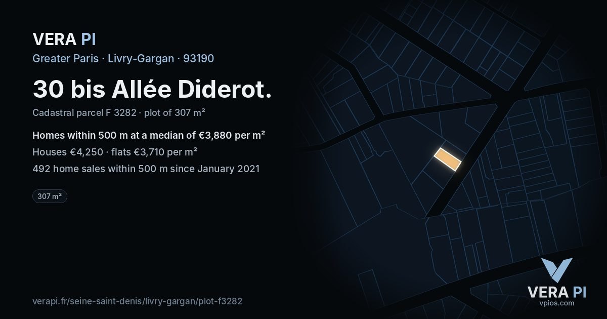 30 bis Allée Diderot, Livry-Gargan at night – the plot lit, the parcels around coloured by the prices near them