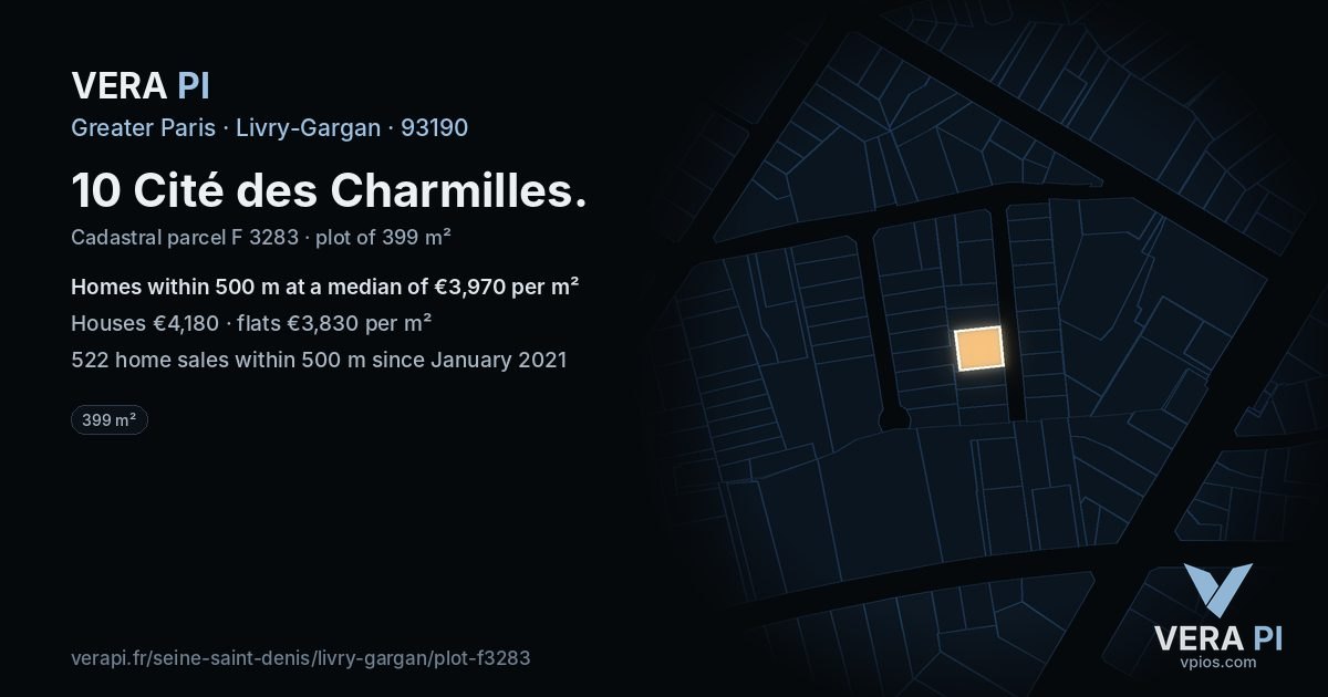 10 Cité des Charmilles, Livry-Gargan at night – the plot lit, the parcels around coloured by the prices near them
