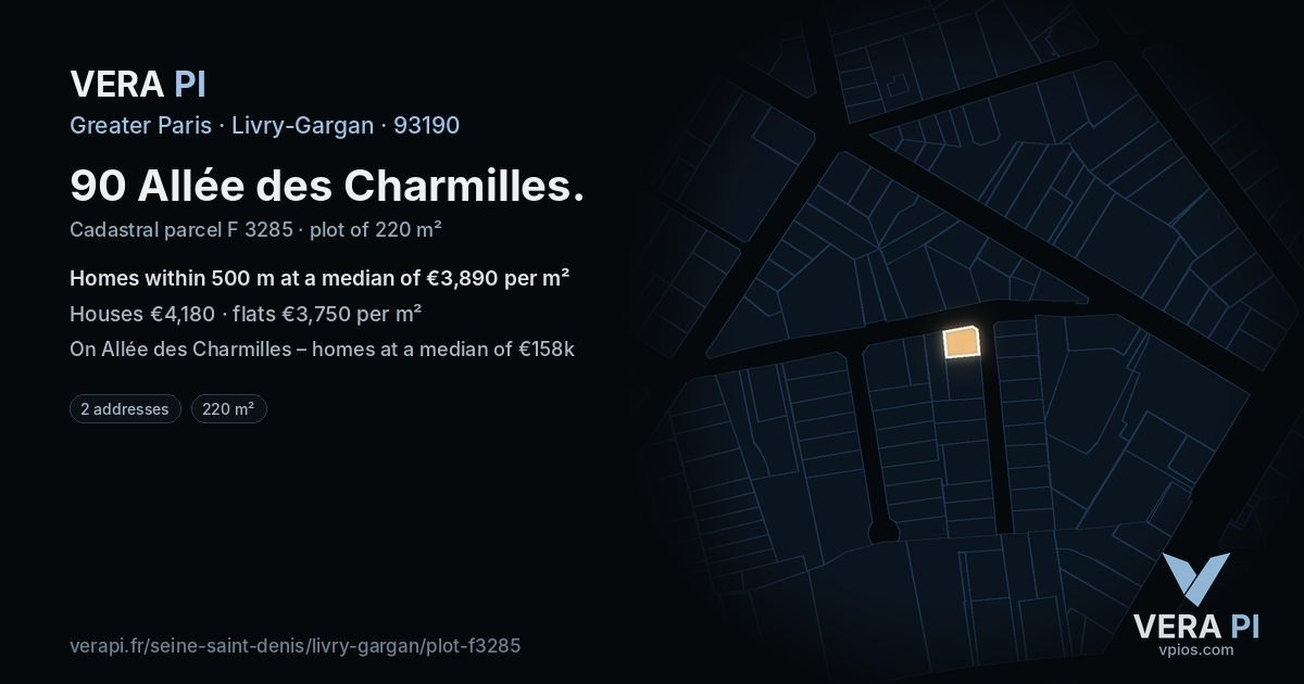 90 Allée des Charmilles, Livry-Gargan at night – the plot lit, the parcels around coloured by the prices near them