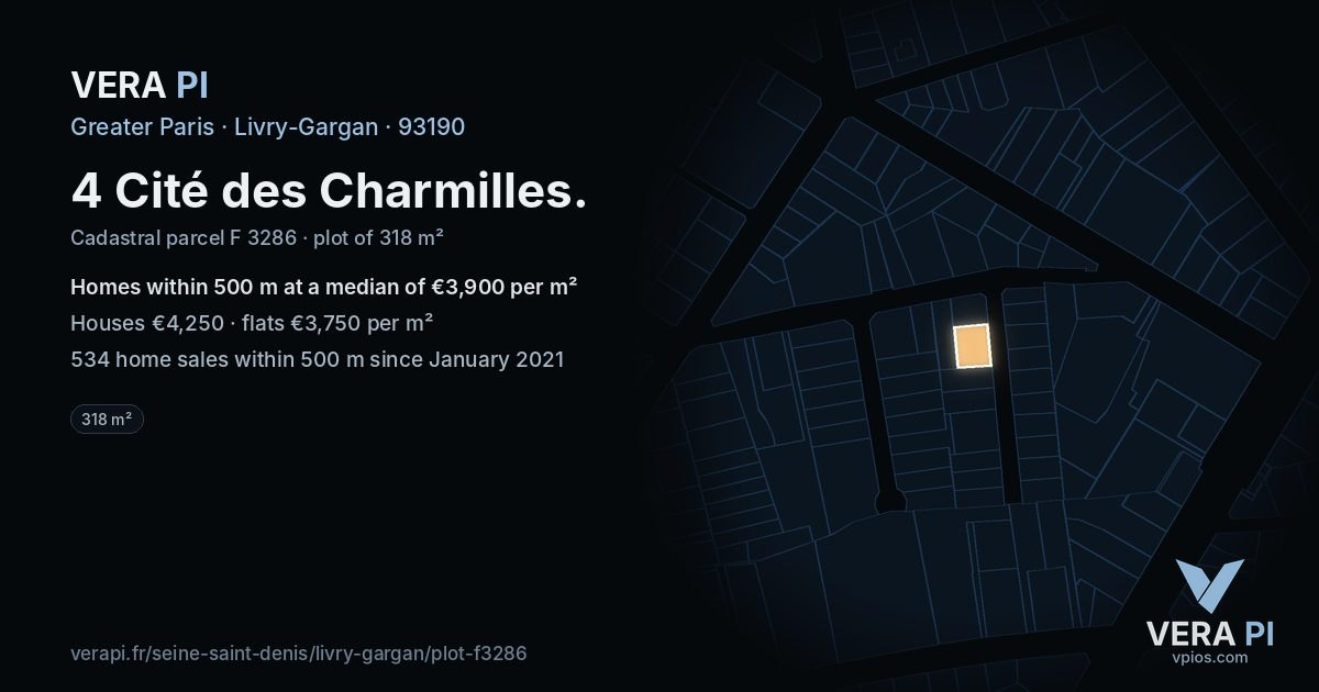 4 Cité des Charmilles, Livry-Gargan at night – the plot lit, the parcels around coloured by the prices near them