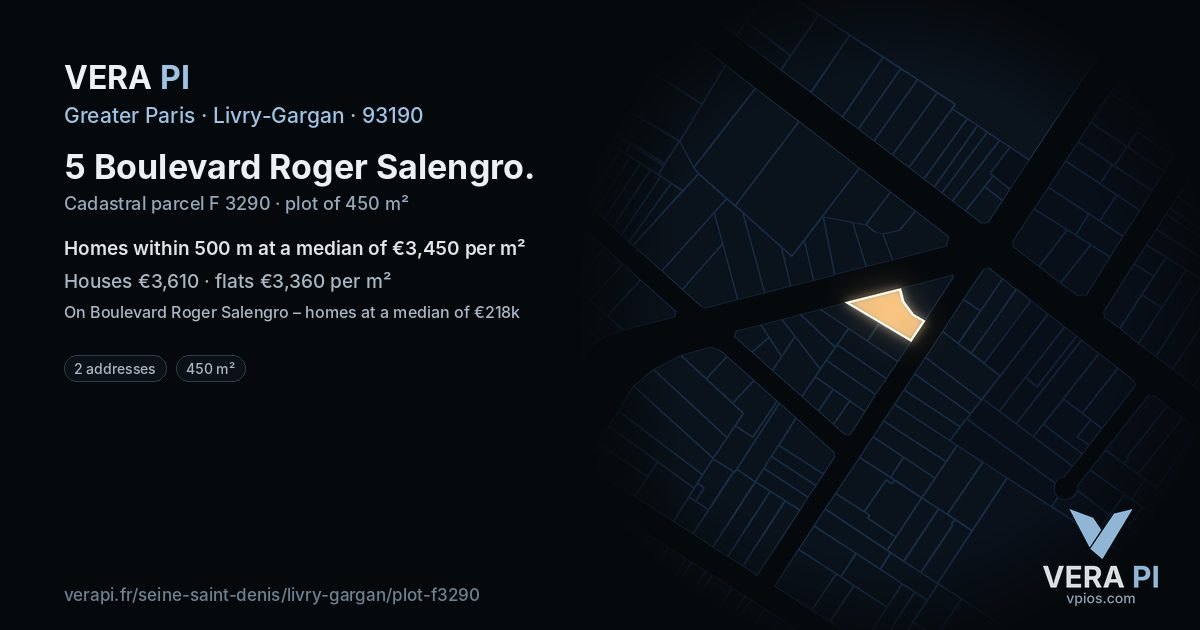 5 Boulevard Roger Salengro, Livry-Gargan at night – the plot lit, the parcels around coloured by the prices near them
