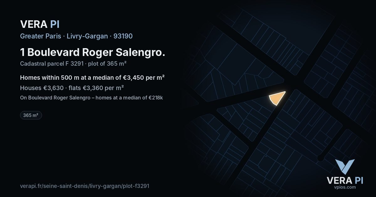 1 Boulevard Roger Salengro, Livry-Gargan at night – the plot lit, the parcels around coloured by the prices near them