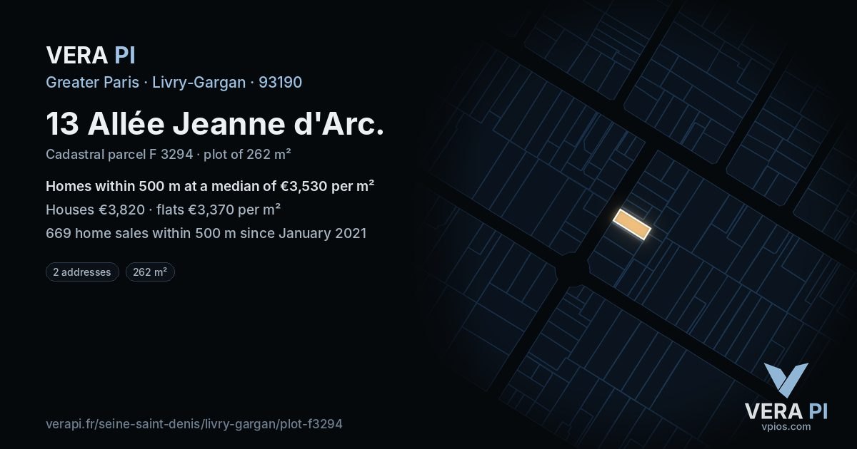 13 Allée Jeanne d'Arc, Livry-Gargan at night – the plot lit, the parcels around coloured by the prices near them