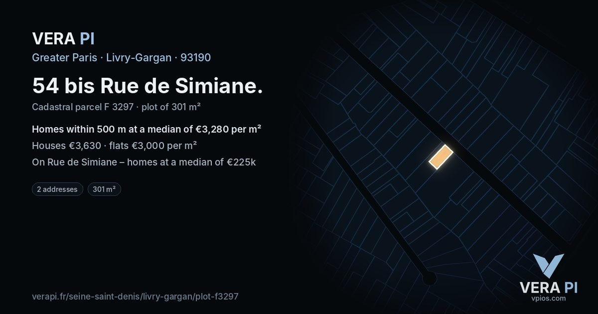 54 bis Rue de Simiane, Livry-Gargan at night – the plot lit, the parcels around coloured by the prices near them