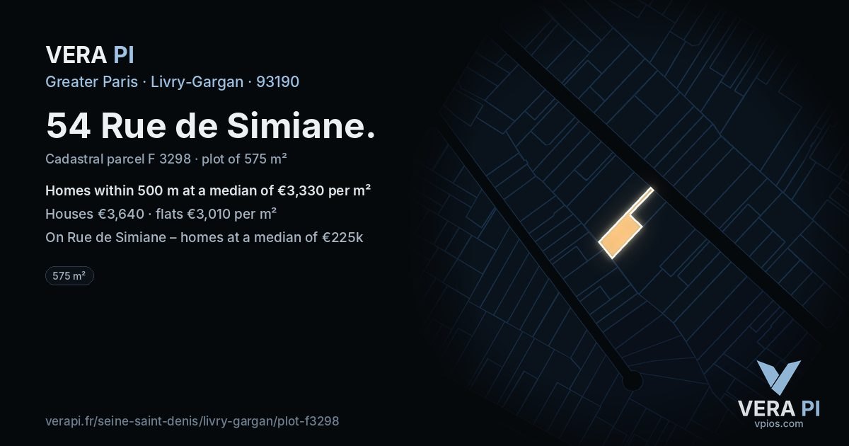 54 Rue de Simiane, Livry-Gargan at night – the plot lit, the parcels around coloured by the prices near them