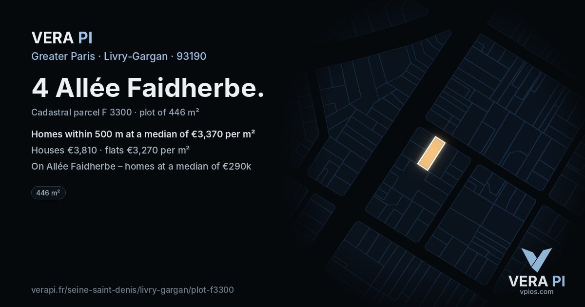 4 Allée Faidherbe, Livry-Gargan at night – the plot lit, the parcels around coloured by the prices near them