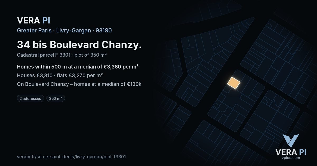 34 bis Boulevard Chanzy, Livry-Gargan at night – the plot lit, the parcels around coloured by the prices near them